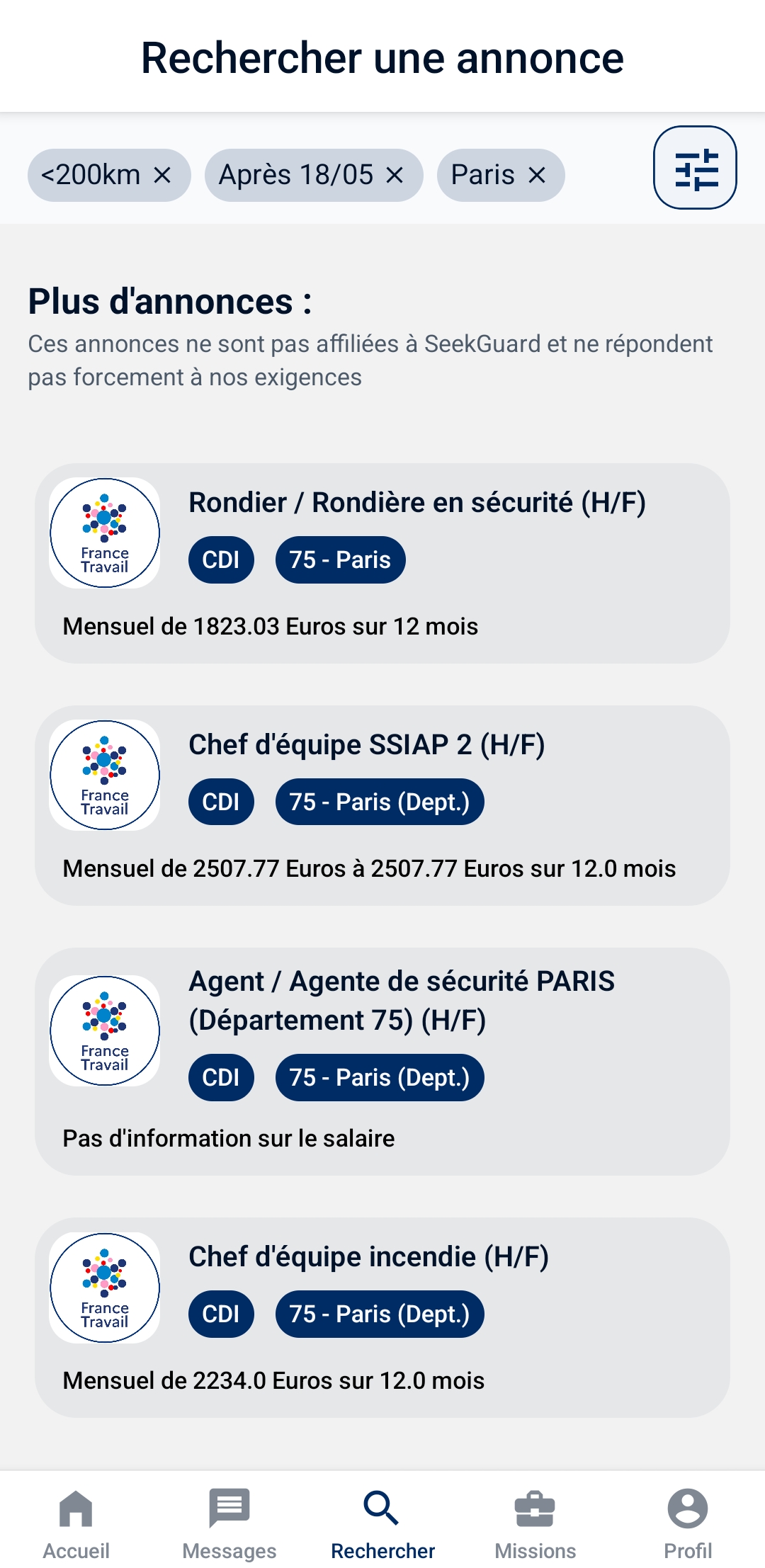  Écran de l'application SeekGuard montrant l'onglet Recherche avec la liste des annonces disponibles pour les agents de sécurité